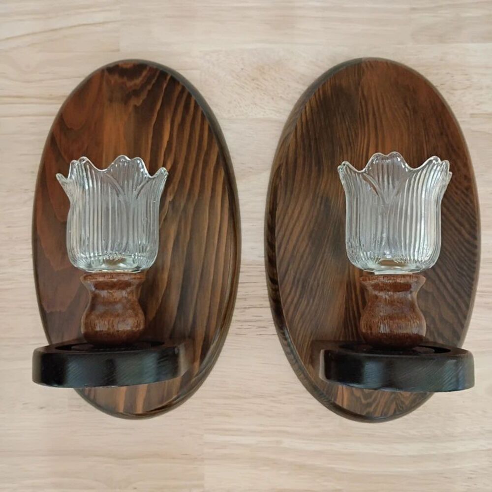 Vintage Rustic Wood Wall Sconce Candle Holders Set of 2